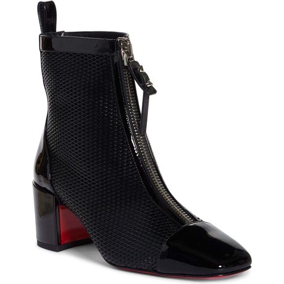 Christian Louboutin Kimi 55 Black Patent Leather Block Heel Zip Ankle Boot 37.5 - Picture 3 of 12
